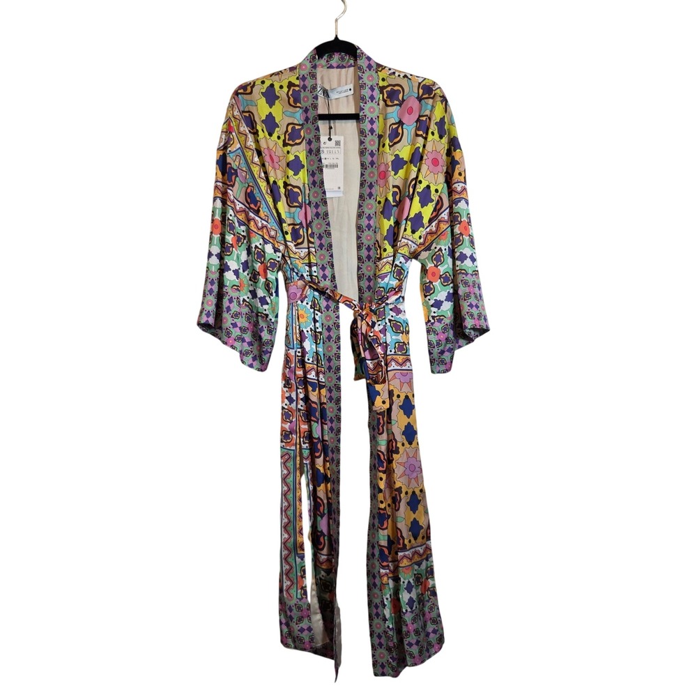 NWT Zara Geometric Patchwork Print Long Kimono Robe Small Eclectic Bohemian